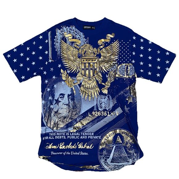 Contender XL Blue Gold Money Graphic Tee Slim Fit Stars Eagle Benjamin Franklin - Picture 1 of 7
